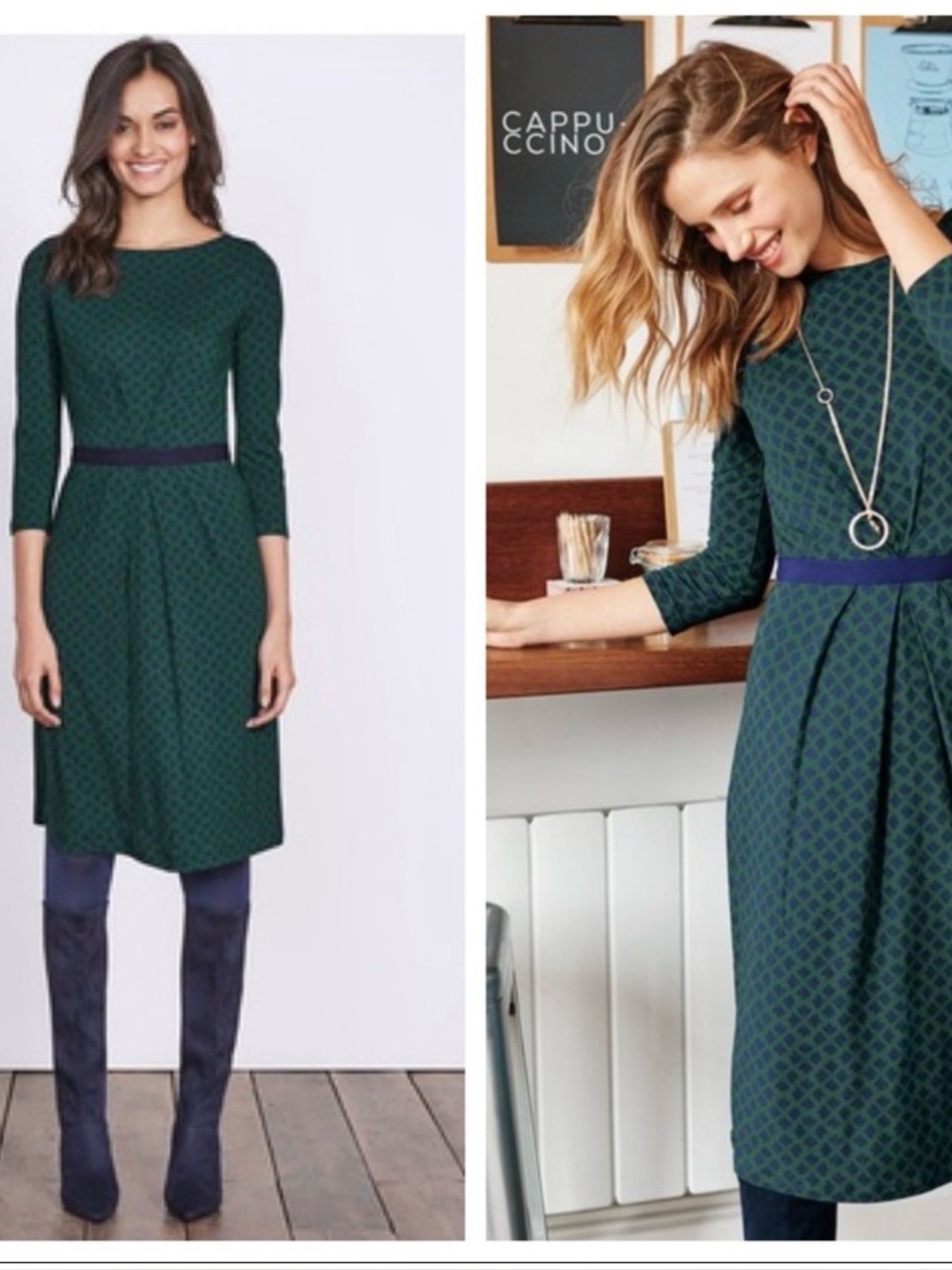 Boden Veronica Jersey Dress Women size 14 Teal Blue Geometric Print Clover